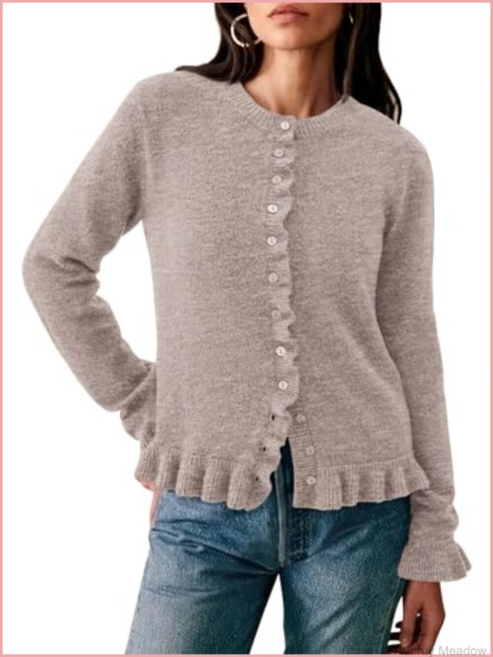 Womens Cropped Ruffle Button Down Cardigan Sweater Chunky Knit